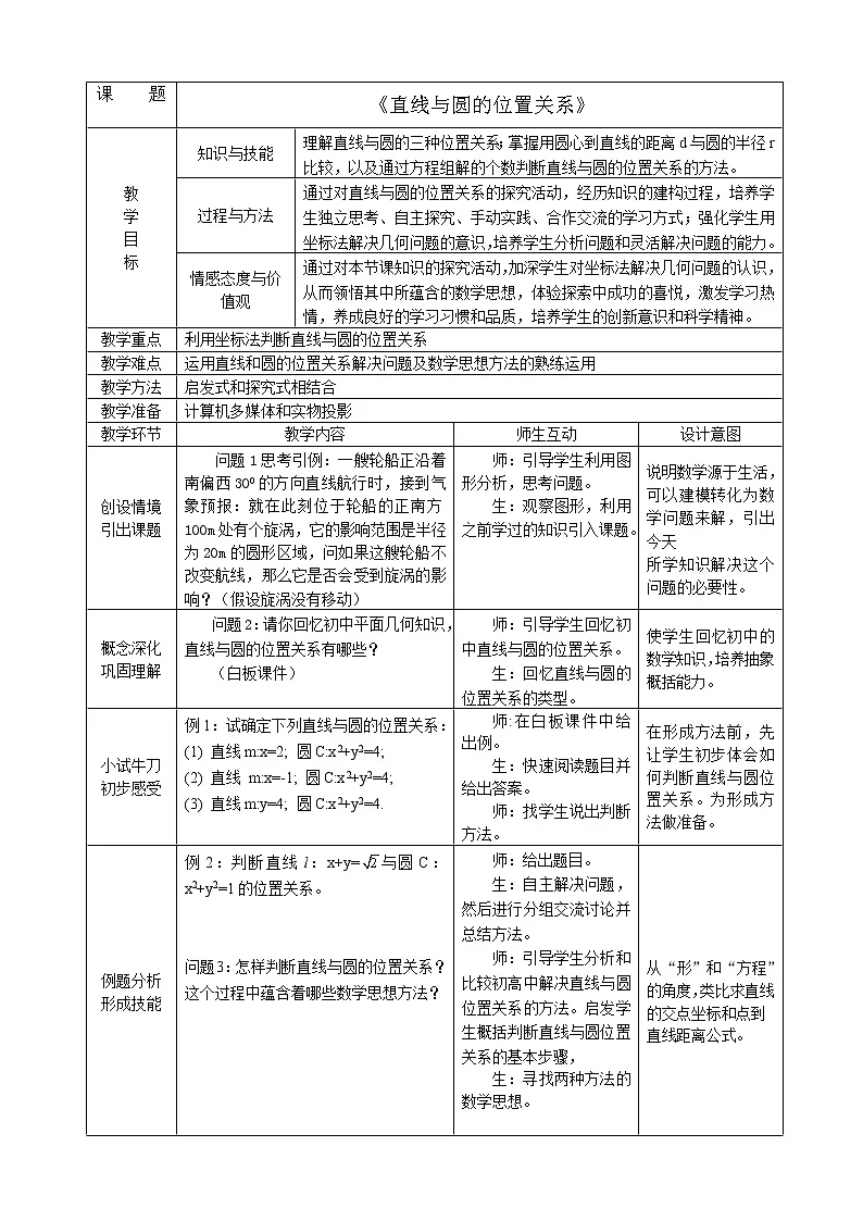 人教B版高中数学必修二2.3.3 直线与圆的位置关系教案第1页