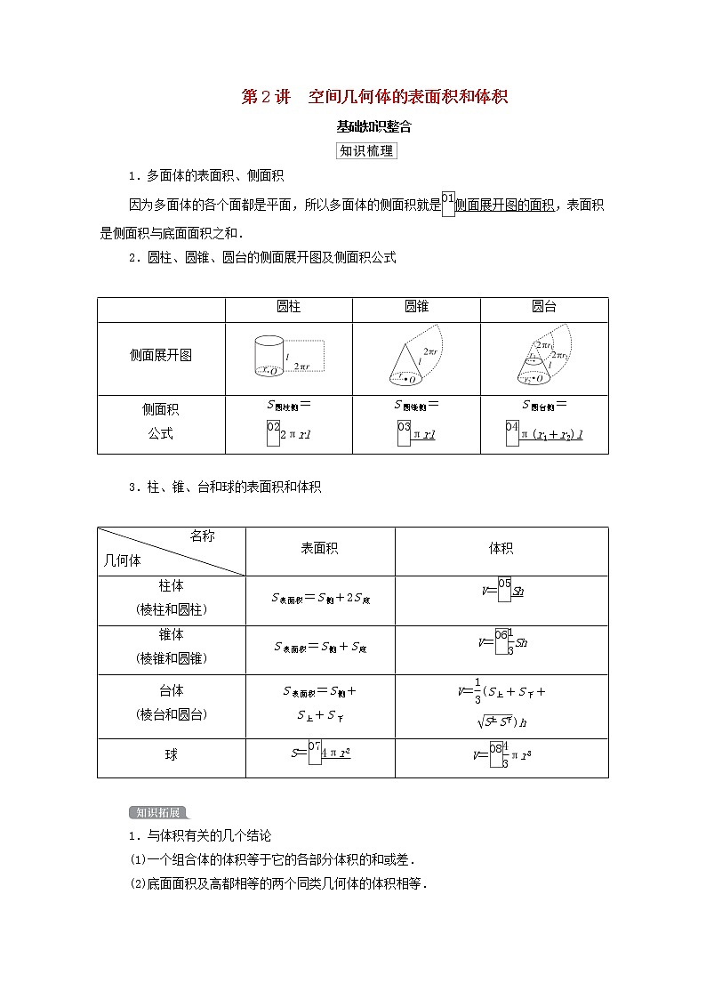 2021高考数学一轮复习统考第8章立体几何第2讲空间几何体的表面积和体积学案含解析北师大版第1页