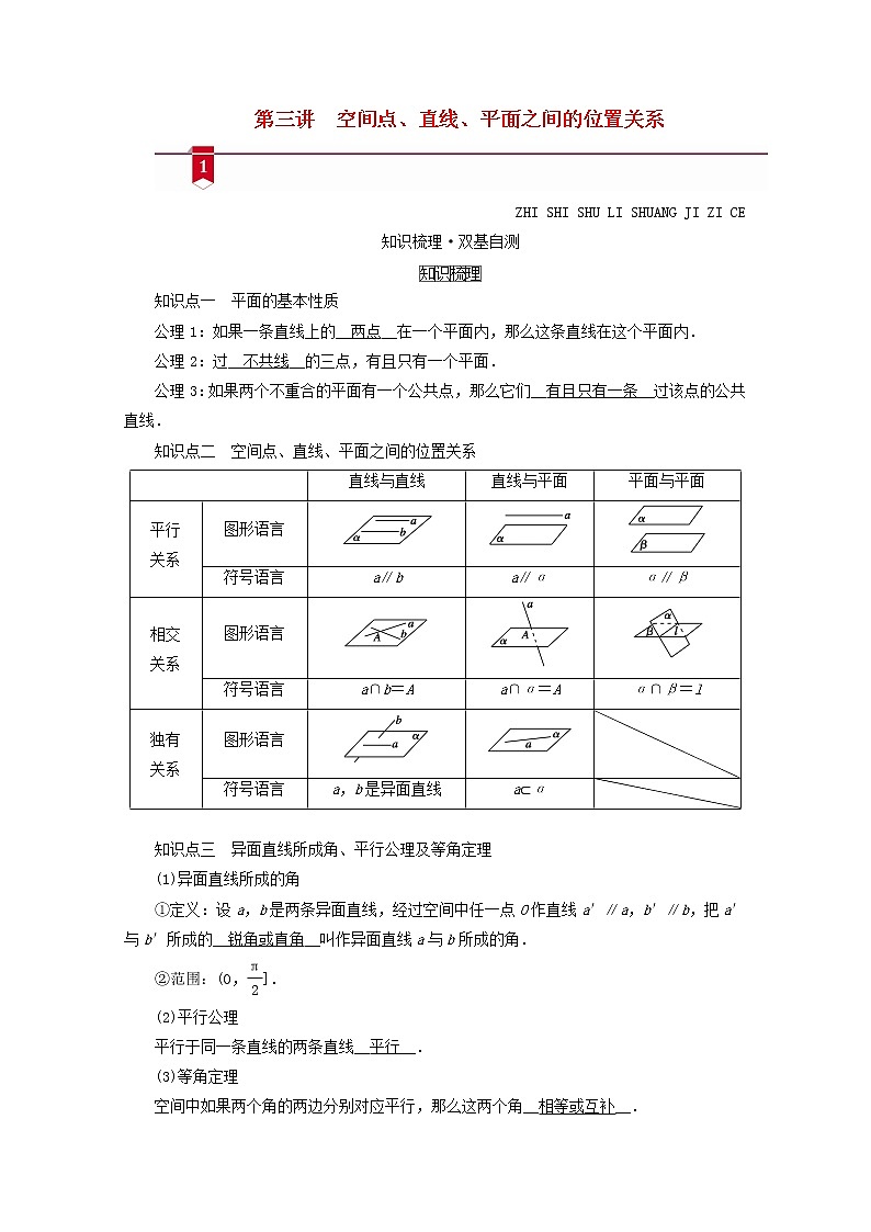 （山东专用）2021版高考数学一轮复习第七章立体几何第三讲空间点、直线、平面之间的位置关系学案（含解析）01