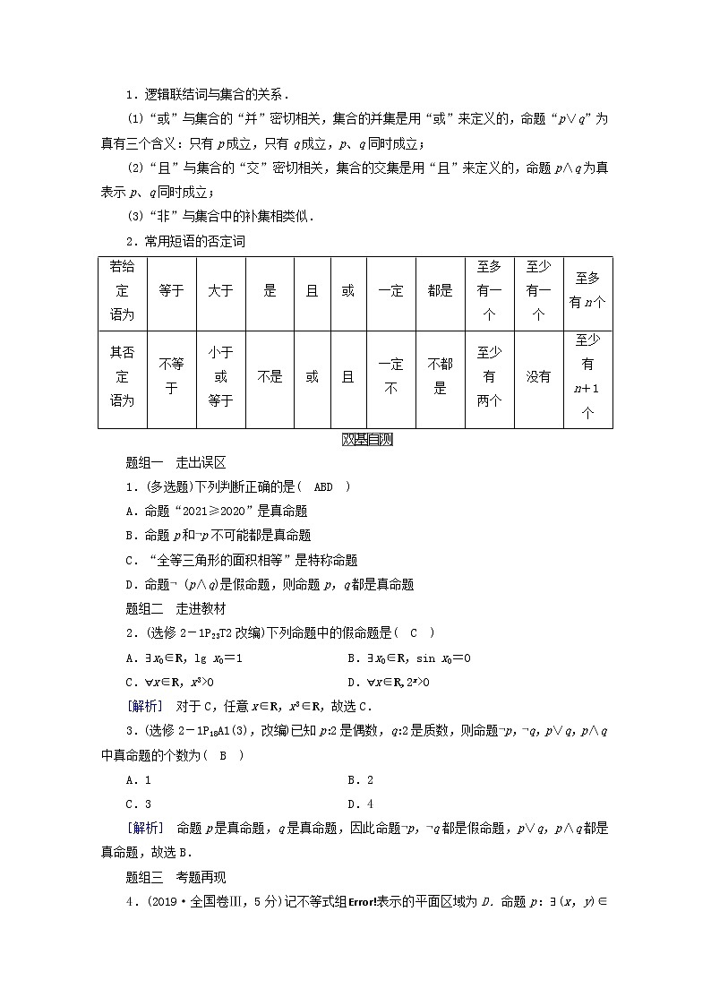 （山东专用）2021版高考数学一轮复习第一章集合与常用逻辑用语第三讲逻辑联结词、全称量词与存在量词学案（含解析）02
