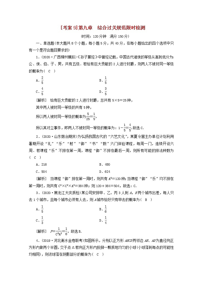 （山东专用）2021版高考数学一轮复习考案9第九章计数原理、概率、随机变量及其分布综合过关规范限时检测（含解析）第1页