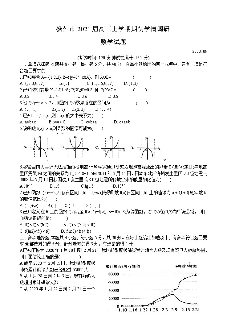 江苏省扬州市2021届高三上学期期初学情调研 数学（word版含答案） 试卷01