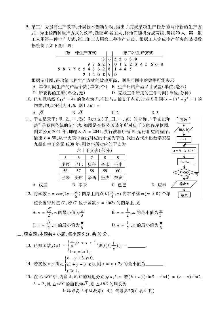 安徽省蚌埠市2021届高三上学期第一次质量监测（一模）数学（文）  (PDF版含答案)02