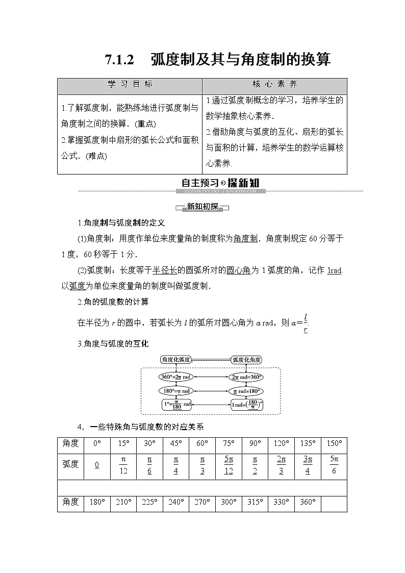 （新）人教B版(2019)必修第三册学案：第7章 7.1 7.1.2　弧度制及其与角度制的换算（含解析）01