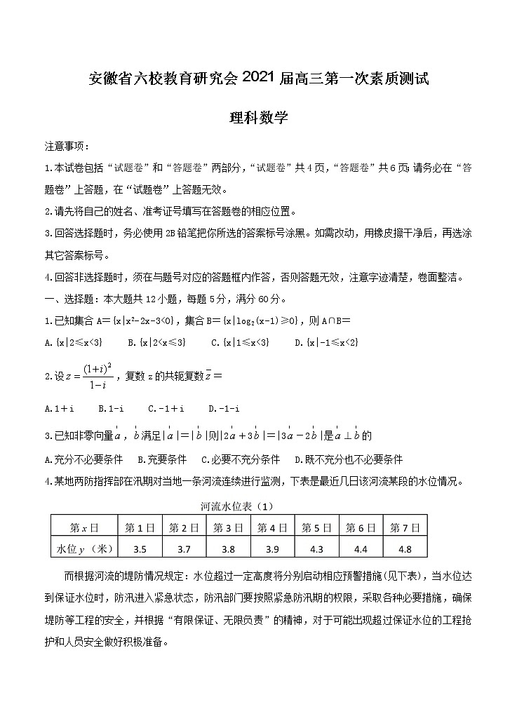 安徽省六校教育研究会2021届高三第一次素质测试 数学（理）（含答案）第1页