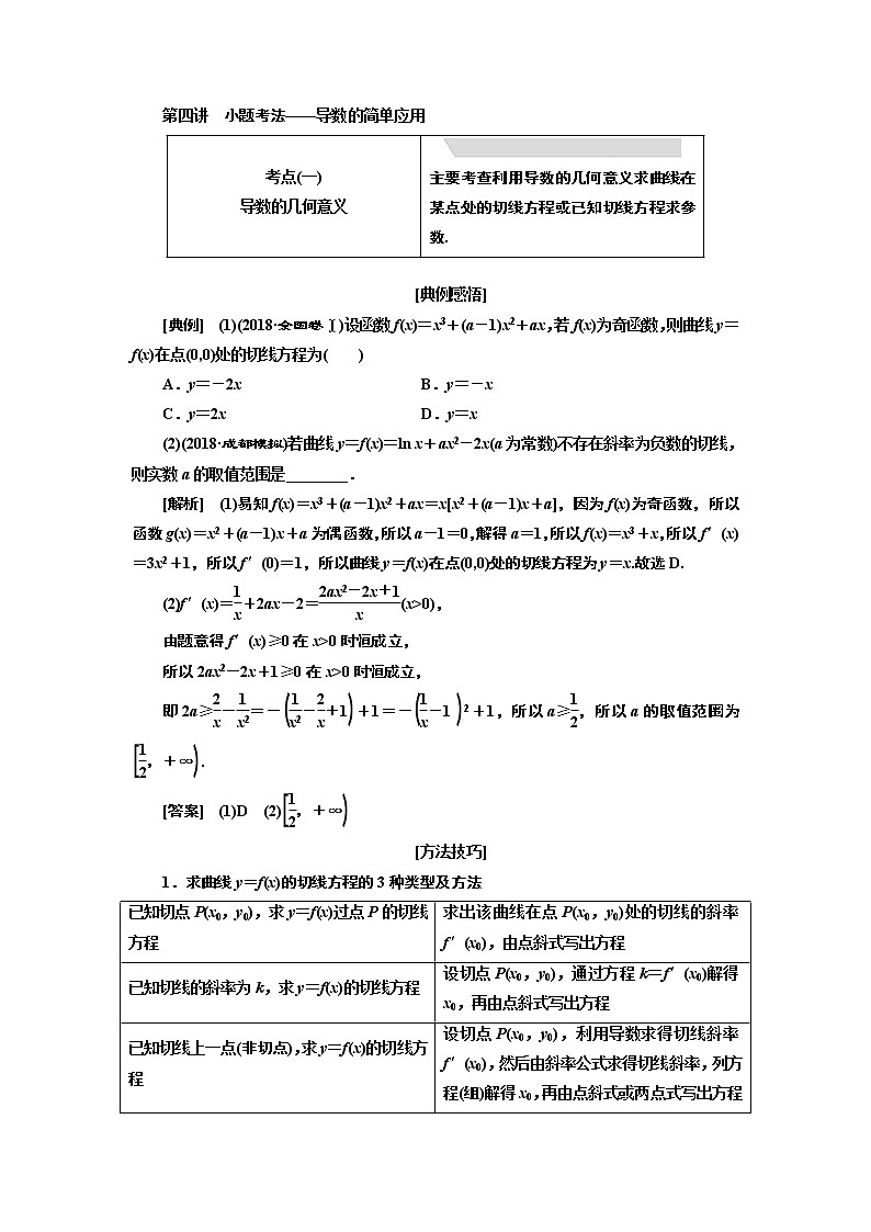 2019版数学（文）二轮复习通用版讲义：专题六第四讲小题考法——导数的简单应用01