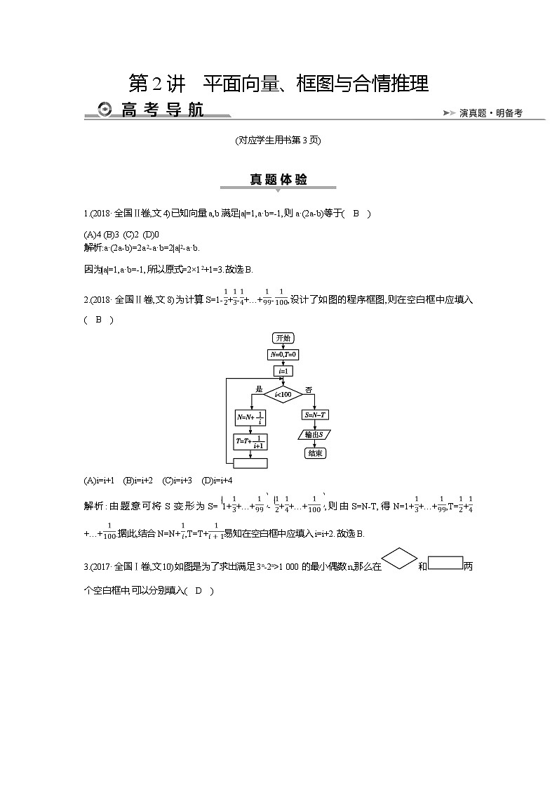 2019届高三文科数学二轮复习配套教案：第一篇专题一第2讲　平面向量、框图与合情推理第1页