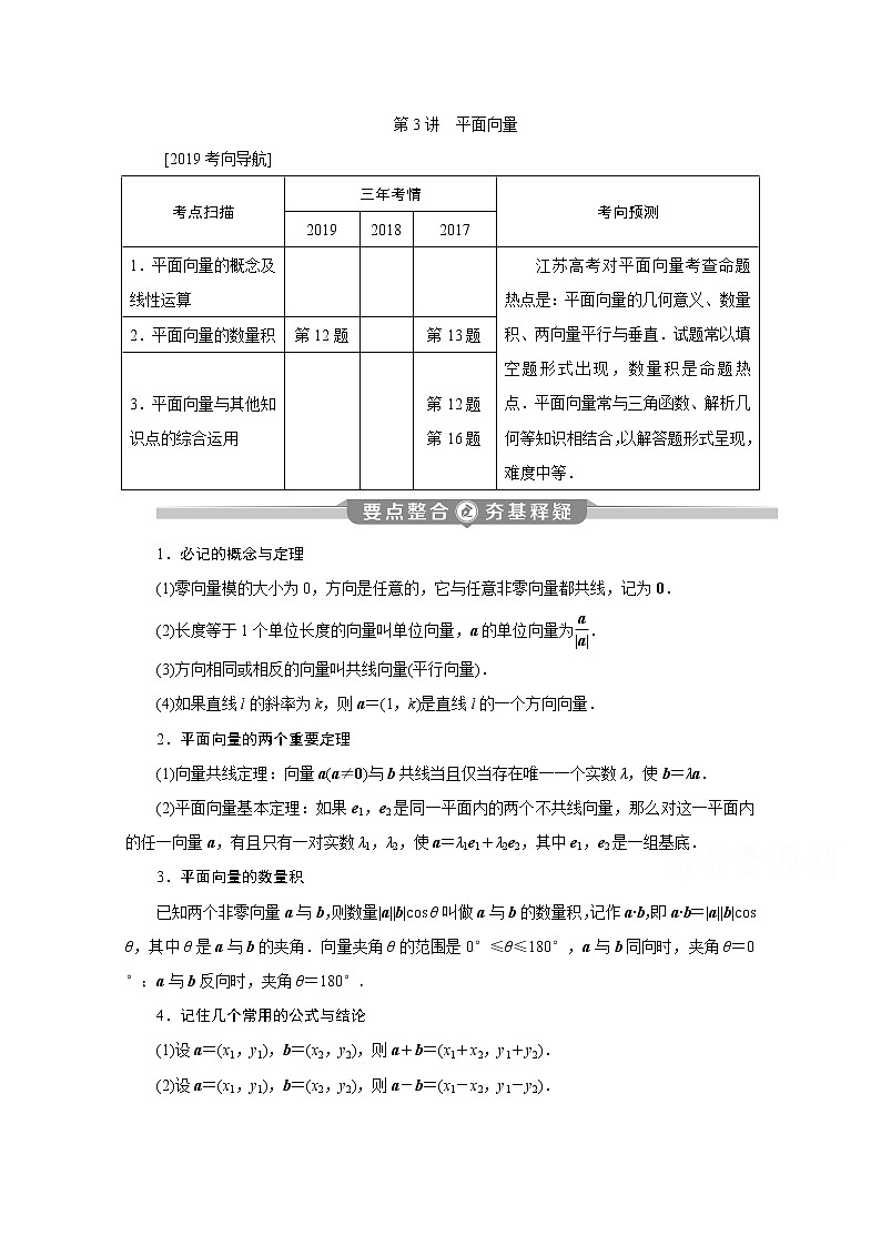 2020江苏高考理科数学二轮讲义：专题二第3讲　平面向量01