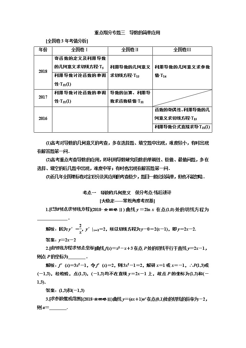 2019版二轮复习数学（理·普通生）通用版讲义：第一部分第二层级重点增分专题三导数的简单应用第1页