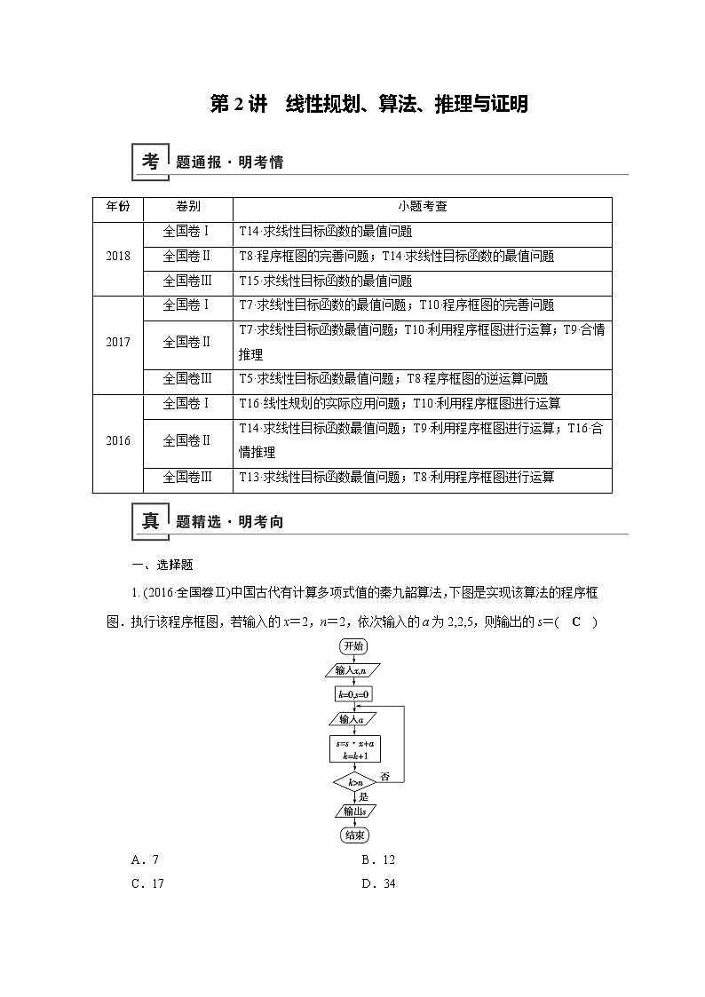 2019版高中数学二轮复习教师用书：专题一第2讲　线性规划、算法、推理与证明第1页