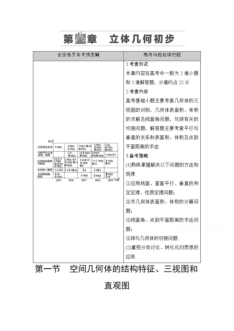 2021高三数学北师大版（文）一轮教师用书：第8章第1节　空间几何体的结构特征、三视图和直观图01