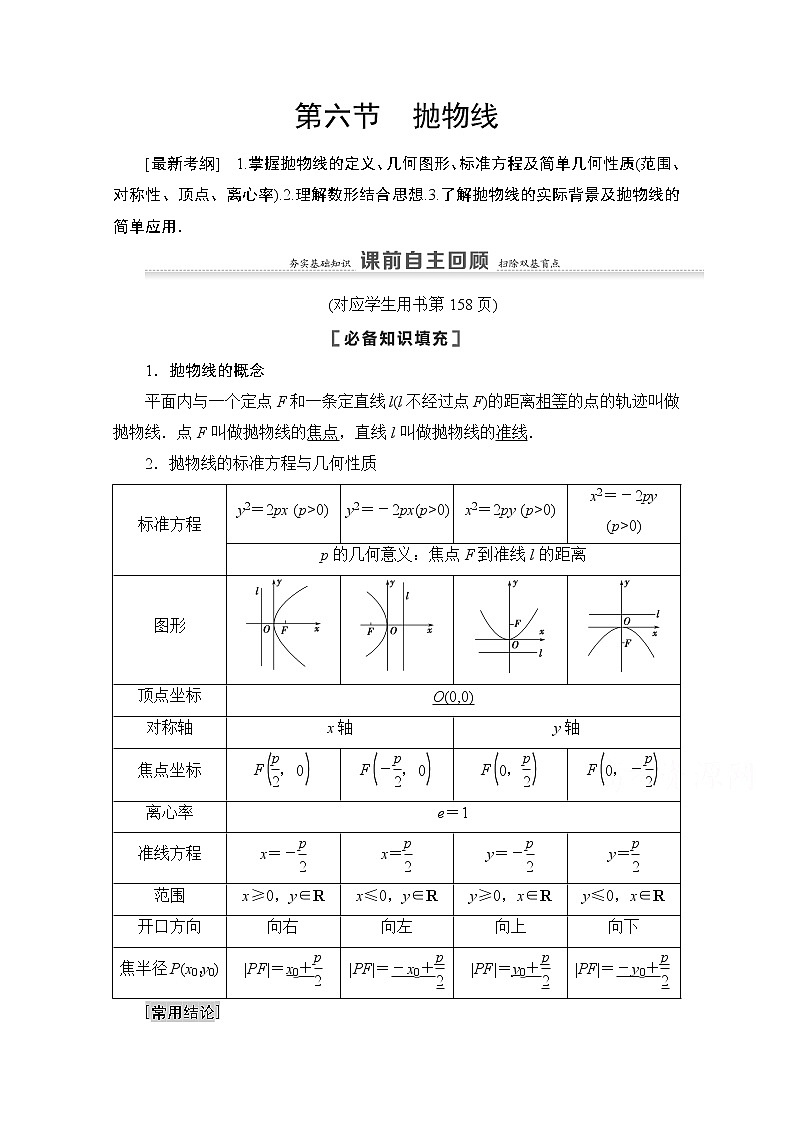 2021高三数学北师大版（文）一轮教师用书：第9章第6节　抛物线01