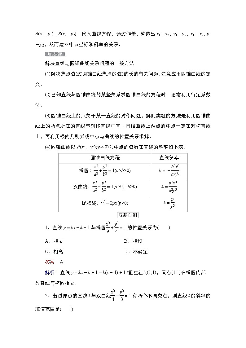 2021高三人教B版数学一轮（经典版）教师用书：第9章第9讲　直线与圆锥曲线的位置关系02