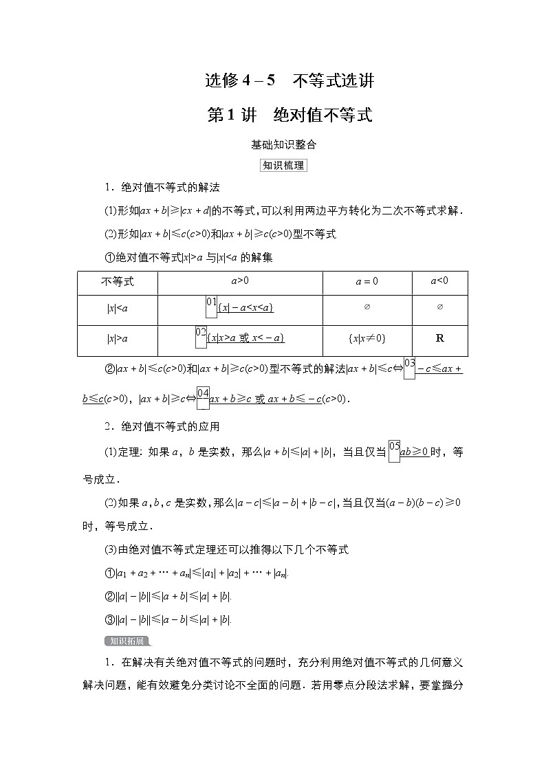 2021高三人教B版数学一轮（经典版）教师用书：选修4－5第1讲绝对值不等式01