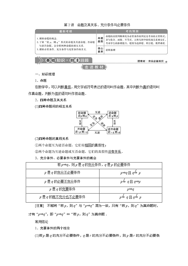 2021版高考文科数学（北师大版）一轮复习教师用书：第一章　第2讲　命题及其关系、充分条件与必要条件01