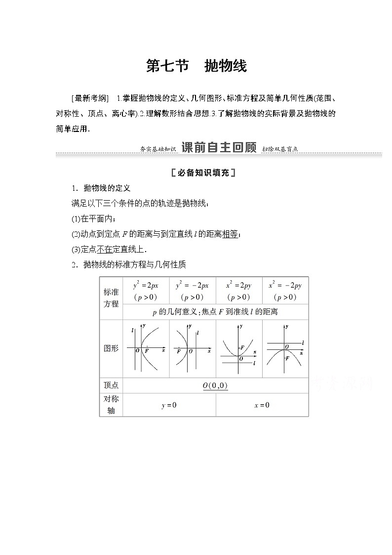 2021版高考数学苏教版一轮教师用书：8.7抛物线01