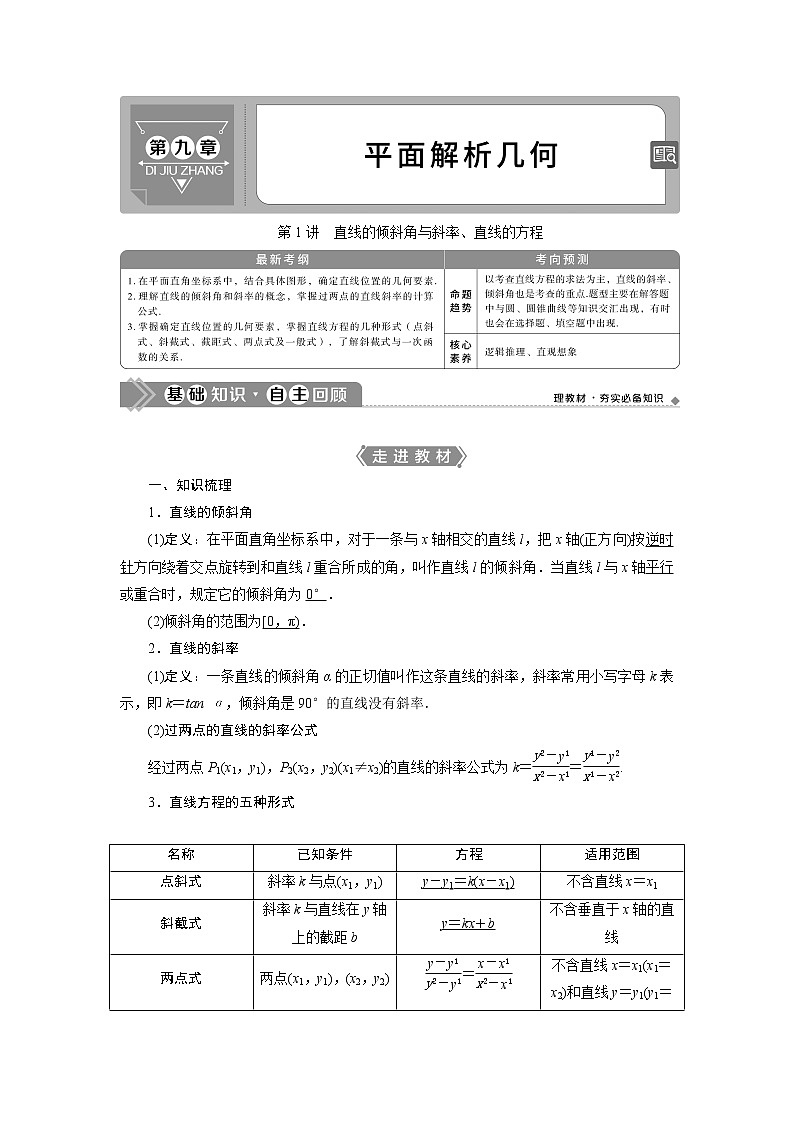 2021版高考理科数学（北师大版）一轮复习教师用书：第九章　第1讲　直线的倾斜角与斜率、直线的方程01
