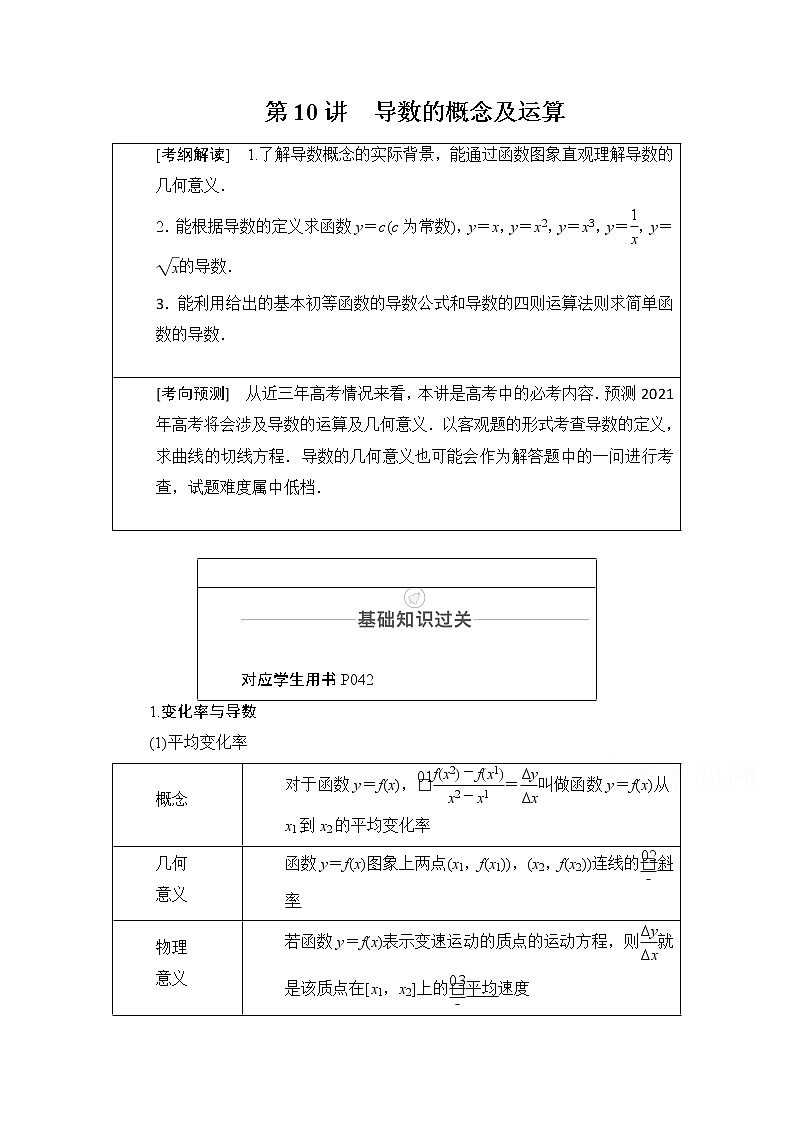 2021届山东高考数学一轮创新教学案：第2章　第10讲　导数的概念及运算01