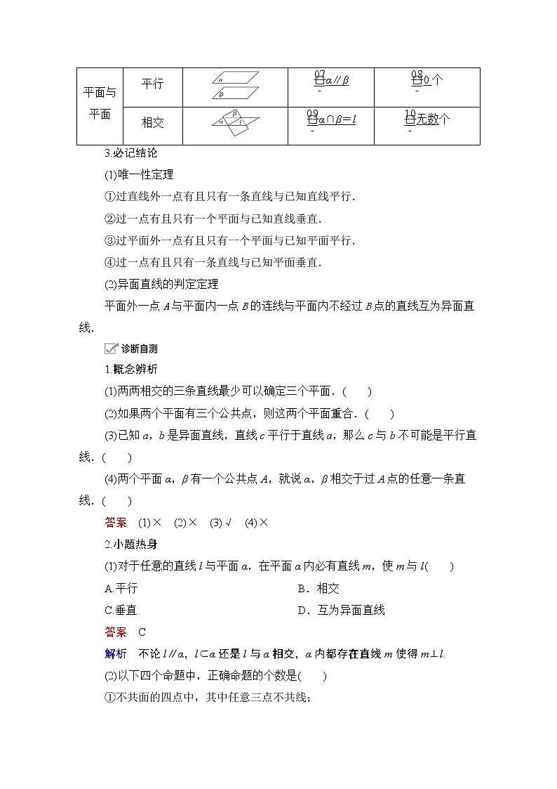 2021届山东高考数学一轮创新教学案：第7章第3讲空间点、直线、平面之间的位置关系02