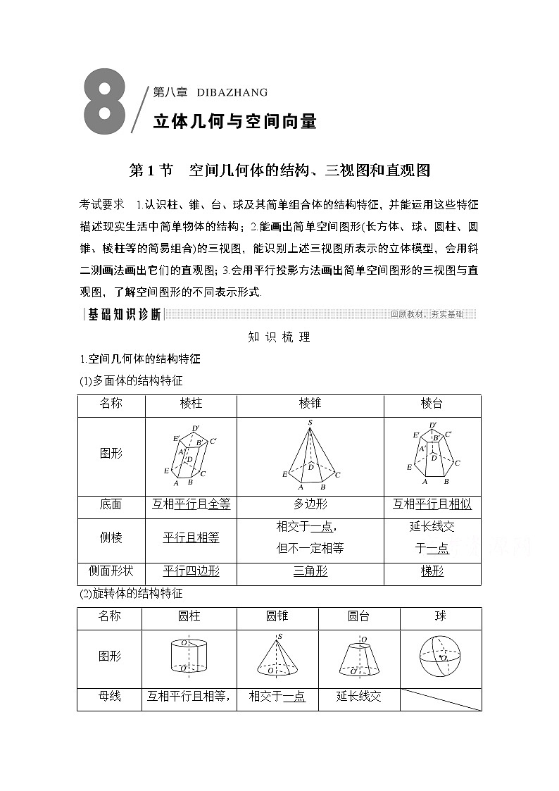 2021届高三新高考数学人教A版一轮复习教学案：第八章第1节　空间几何体的结构、三视图和直观图01