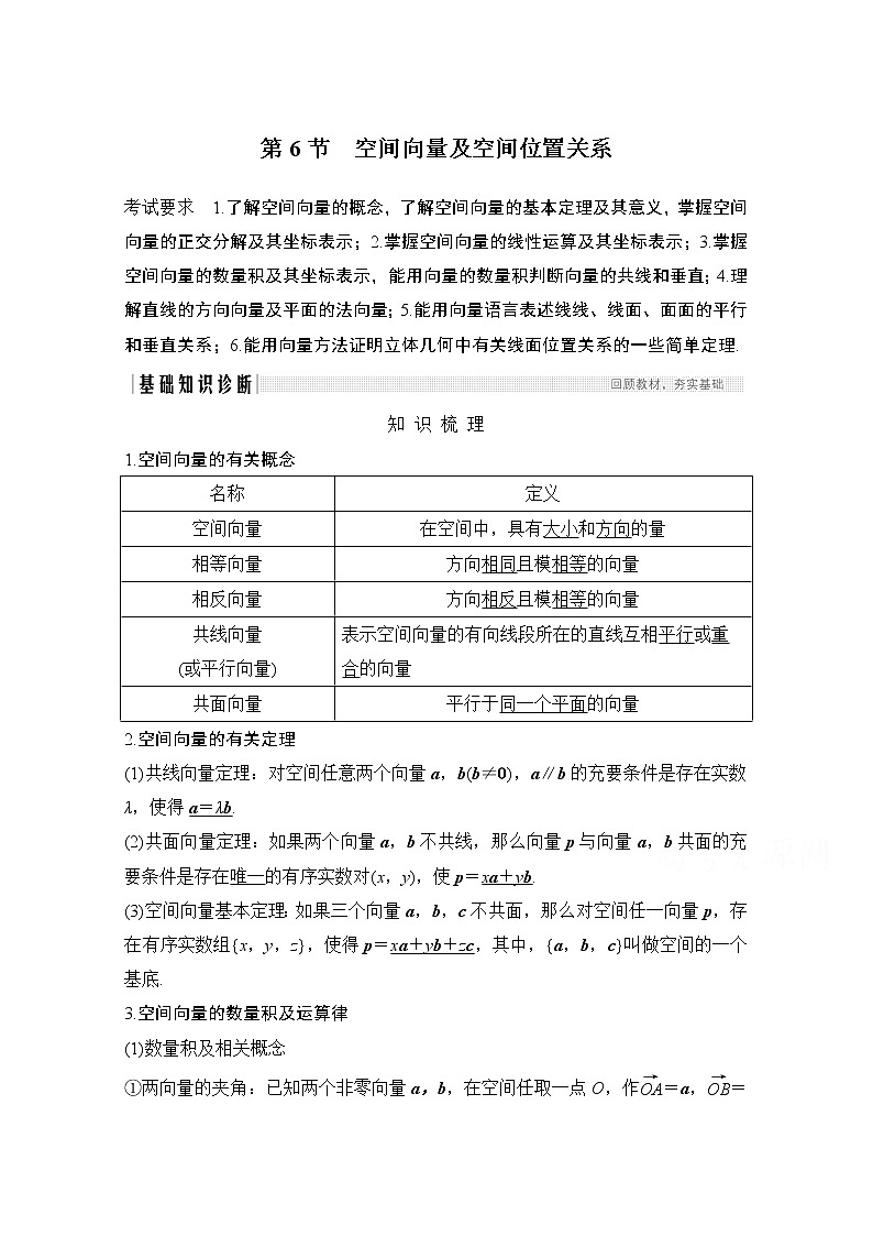 2021届高三新高考数学人教A版一轮复习教学案：第八章第6节　空间向量及空间位置关系01