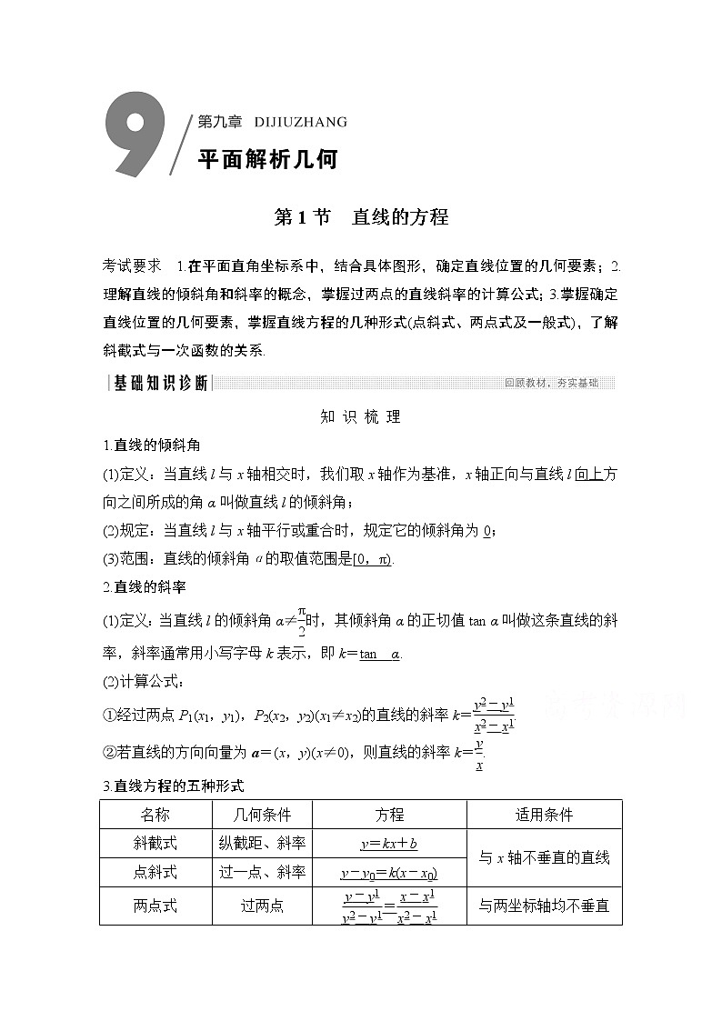 2021届高三新高考数学人教A版一轮复习教学案：第九章第1节　直线的方程01