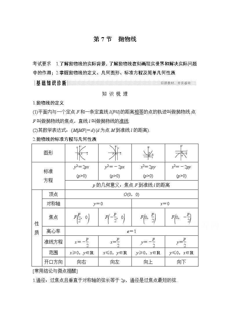 2021届高三新高考数学人教A版一轮复习教学案：第九章第7节　抛物线第1页