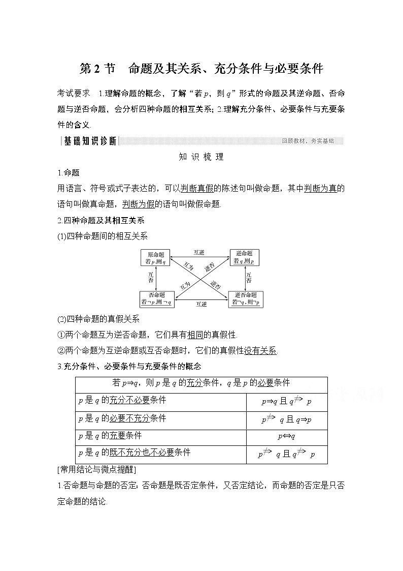 2021届高三新高考数学人教A版一轮复习教学案：第一章第2节　命题及其关系、充分条件与必要条件01