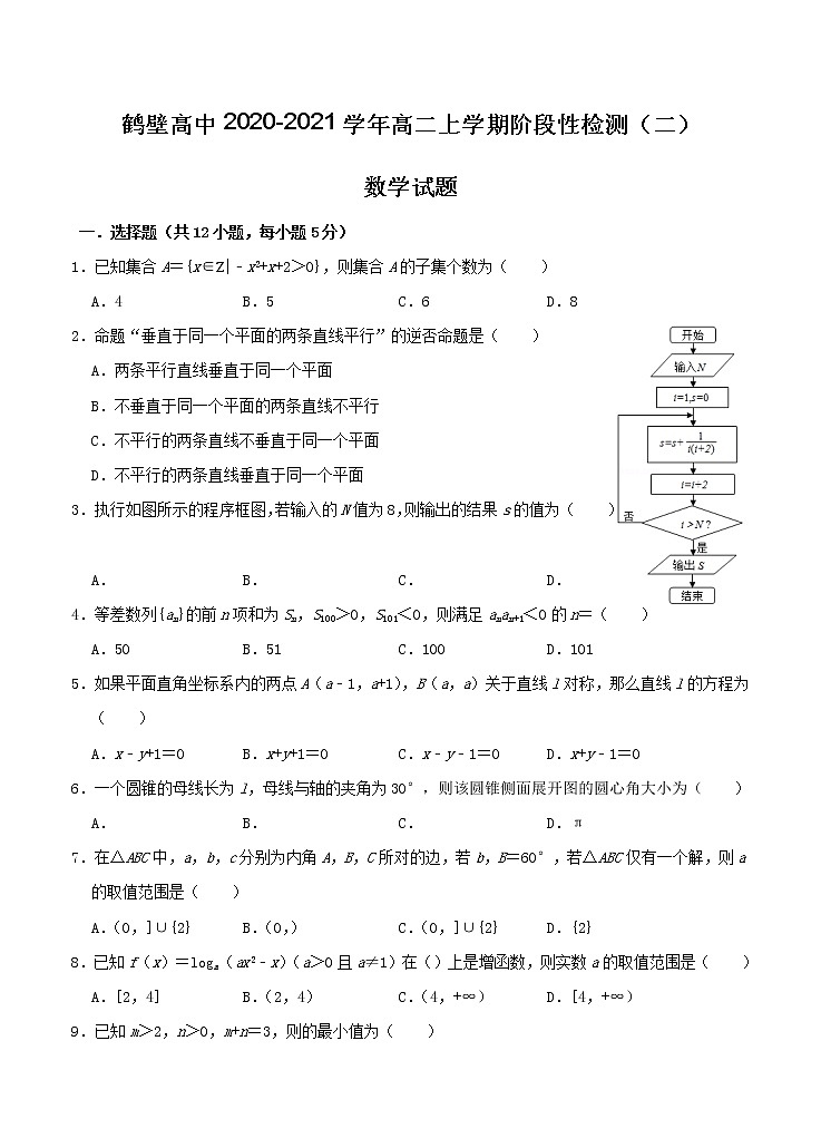 河南省鹤壁高中2020_2021学年高二上学期阶段性检测（二）数学（含答案）01