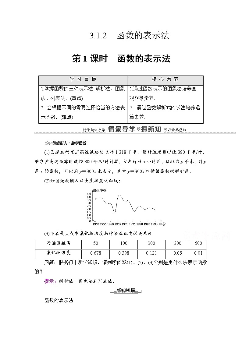 新人教A版必修第一册学案：第3章+3.1.2+第1课时　函数的表示法（含解析）01