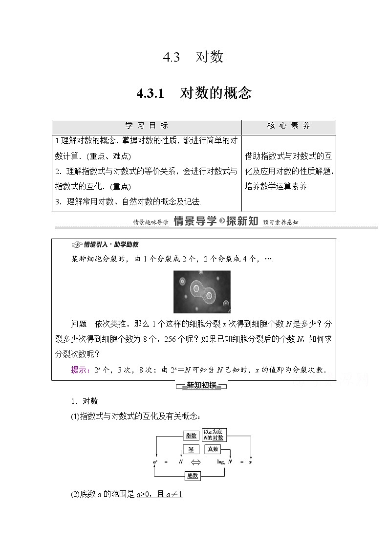 新人教A版必修第一册学案：第4章+4.3.1　对数的概念（含解析）01