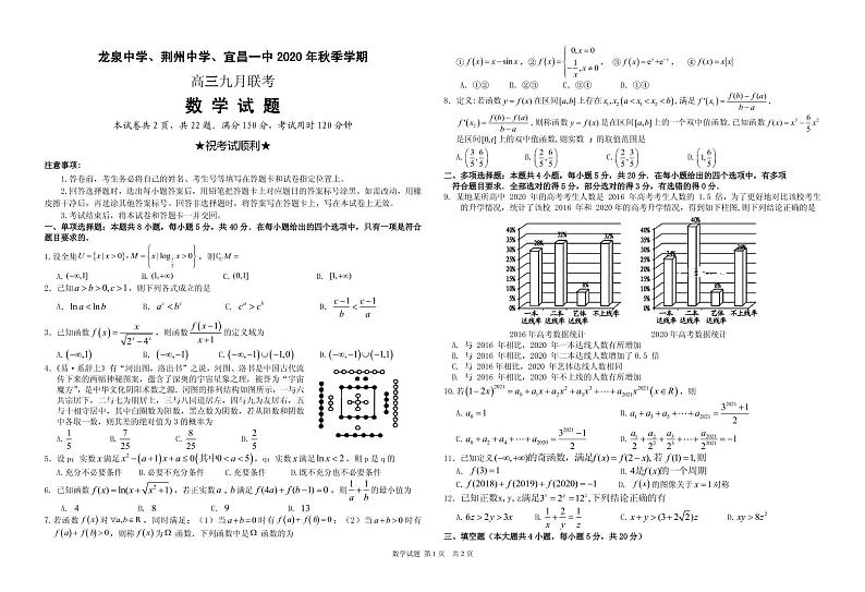 湖北省龙泉中学、荆州中学、宜昌一中2021届高三9月联考 数学（PDF版含答案）第1页