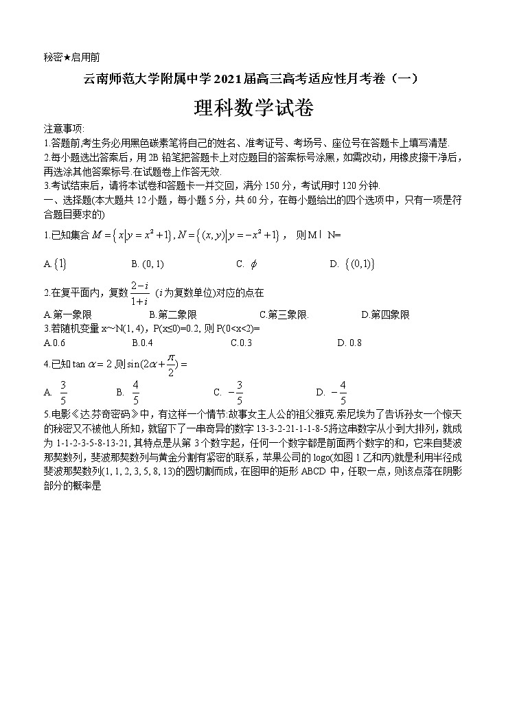 云南师范大学附属中学2021届高三高考适应性月考卷（一）数学（理）（含答案）第1页