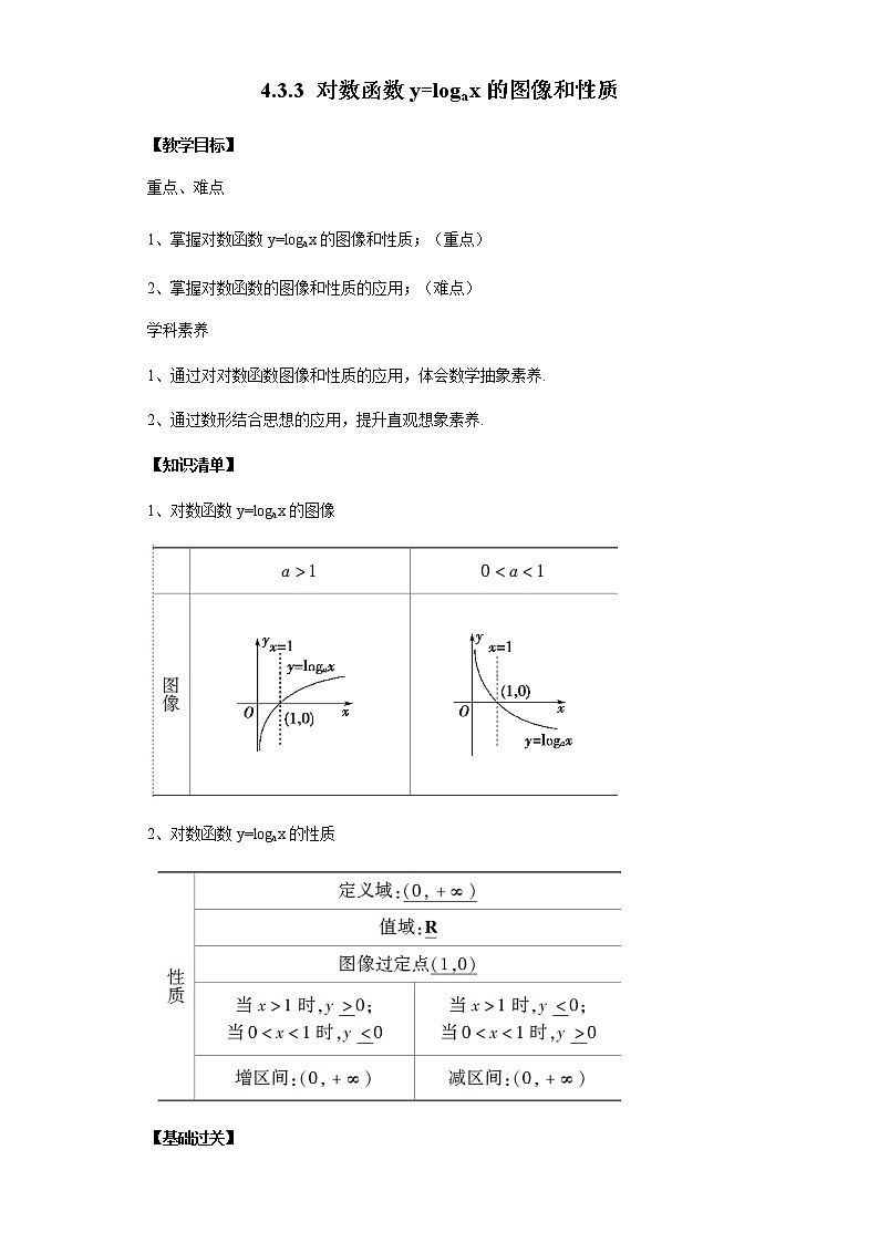 4.3.3对数函数y=logax的图像和性质-2020-2021学年高一数学新教材配套学案（北师大2019版必修第一册）01