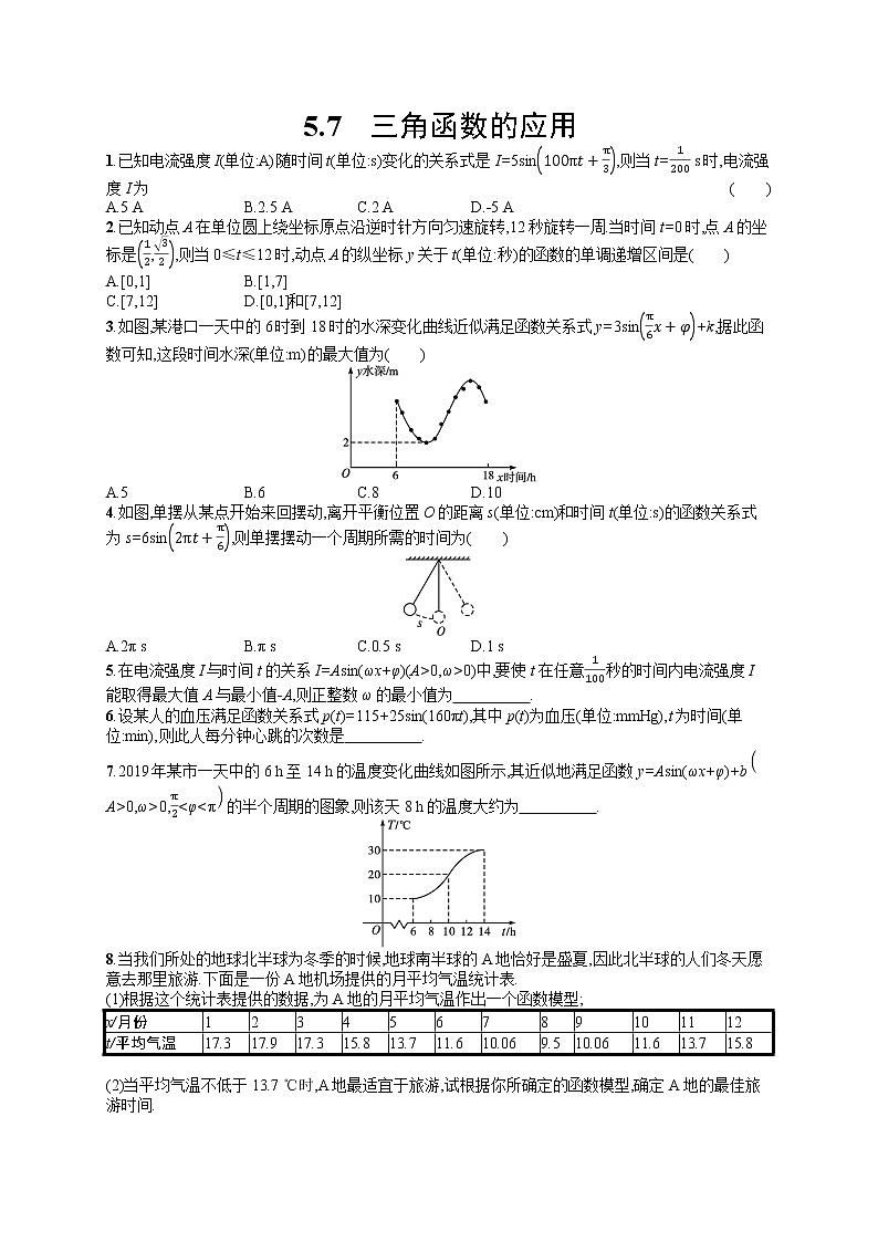 高中数学人教A版（2019）必修第一册5.7　三角函数的应用 试卷01