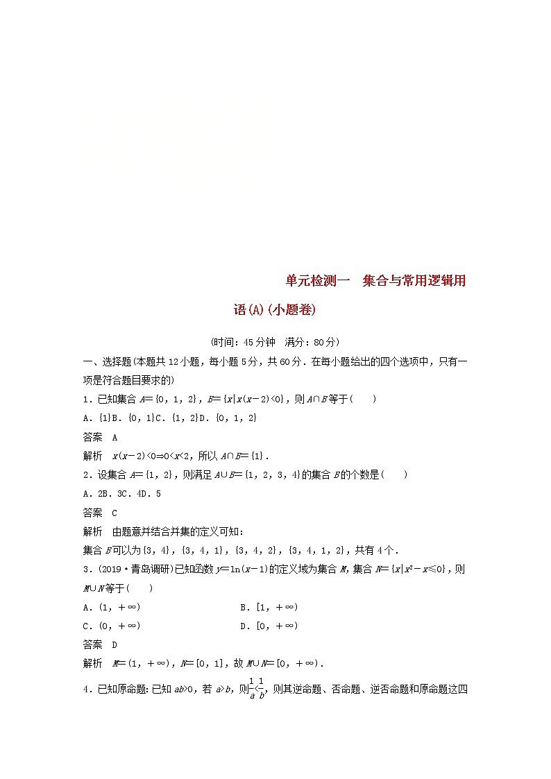 2020届高考数学一轮复习单元检测01《集合与常用逻辑用语A》小题卷单元检测 文数（含解析）01
