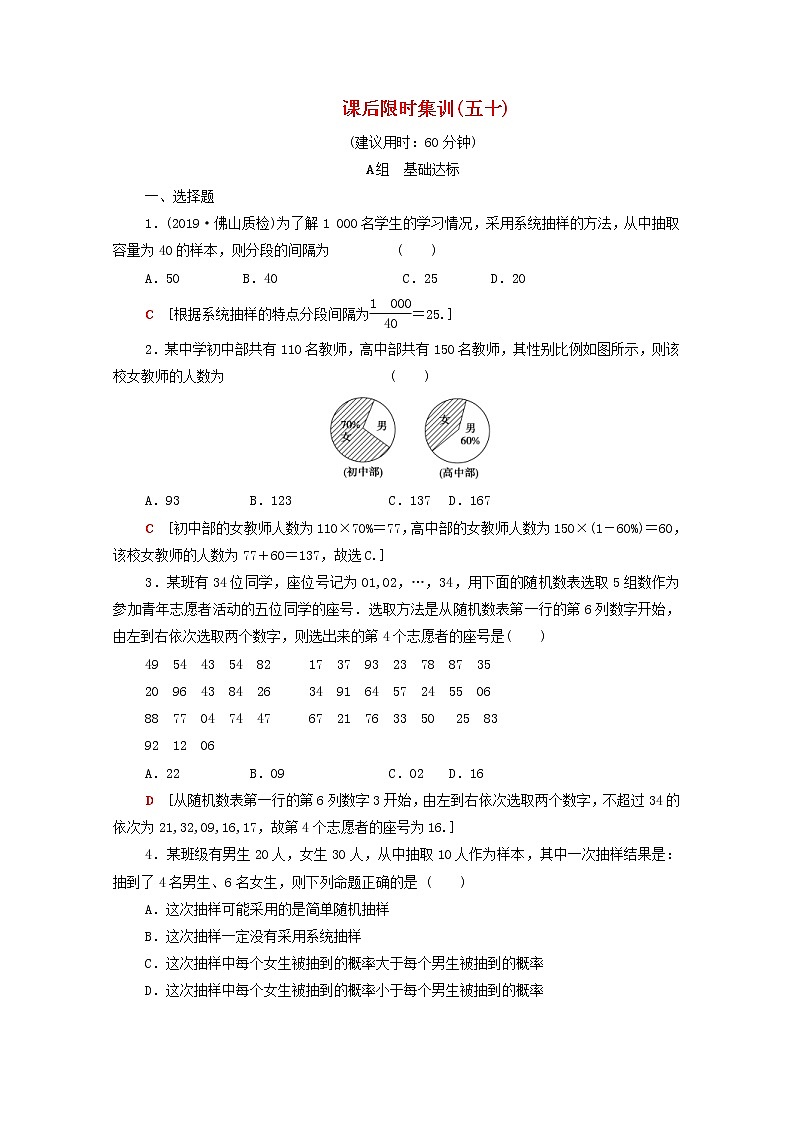 2020版高考数学一轮复习课后限时集训50《随机抽样》(理数)（含解析） 试卷01