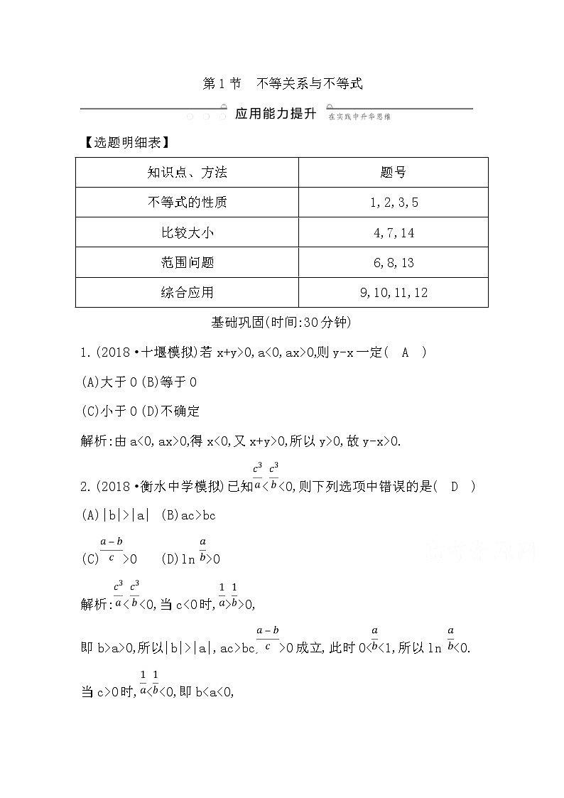 (导与练)2020版高考数学一轮复习(文数)习题：第6篇  第1节　不等关系与不等式(含解析)01
