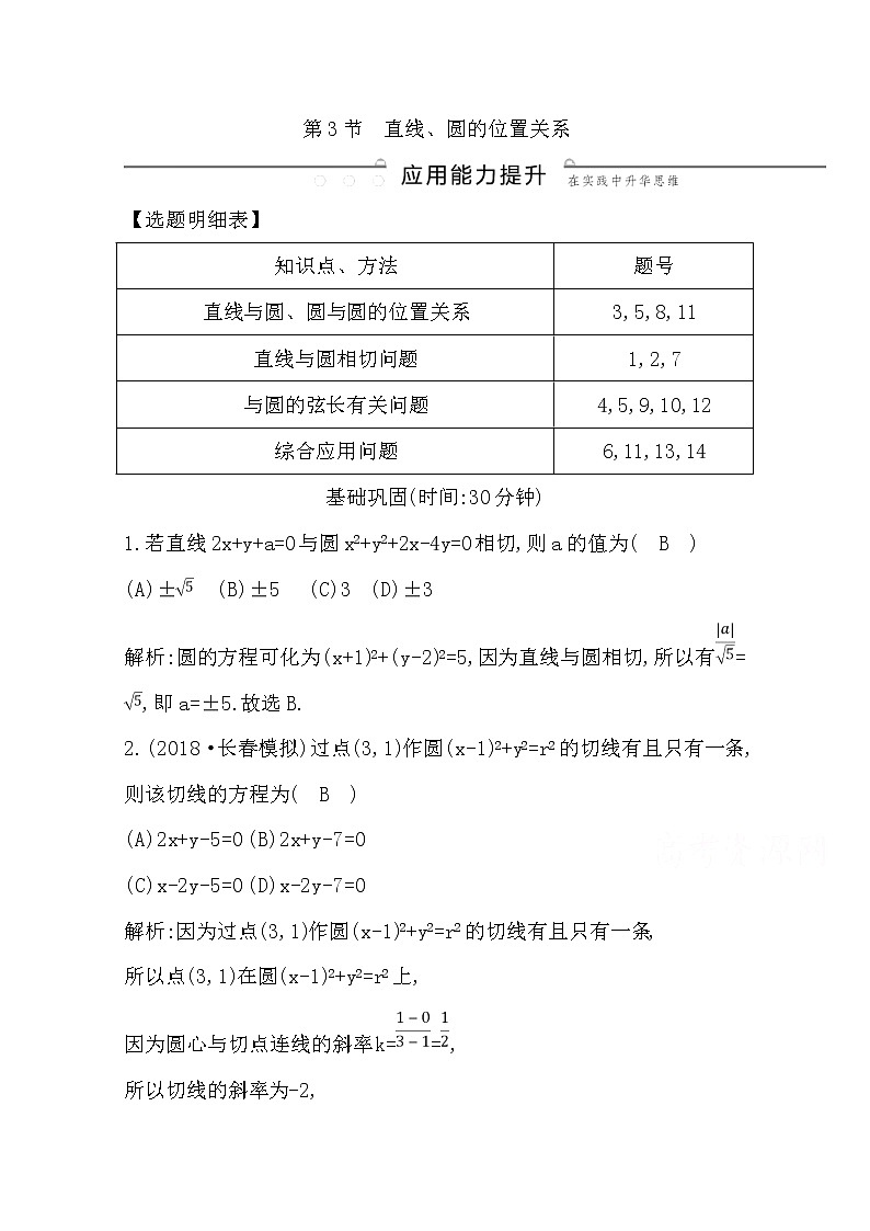 (导与练)2020版高考数学一轮复习(文数)习题：第8篇  第3节　直线、圆的位置关系(含解析)第1页