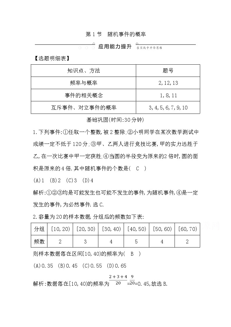 (导与练)2020版高考数学一轮复习(文数)习题：第10篇 第1节　随机事件的概率(含解析)01