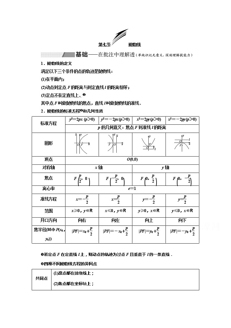 2020版高考理科数学（人教版）一轮复习讲义：第九章第七节抛物线01