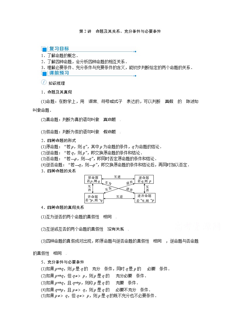 2020高考文科数学（人教版）一轮复习讲义：第2讲命题及其关系、充分条件与必要条件01