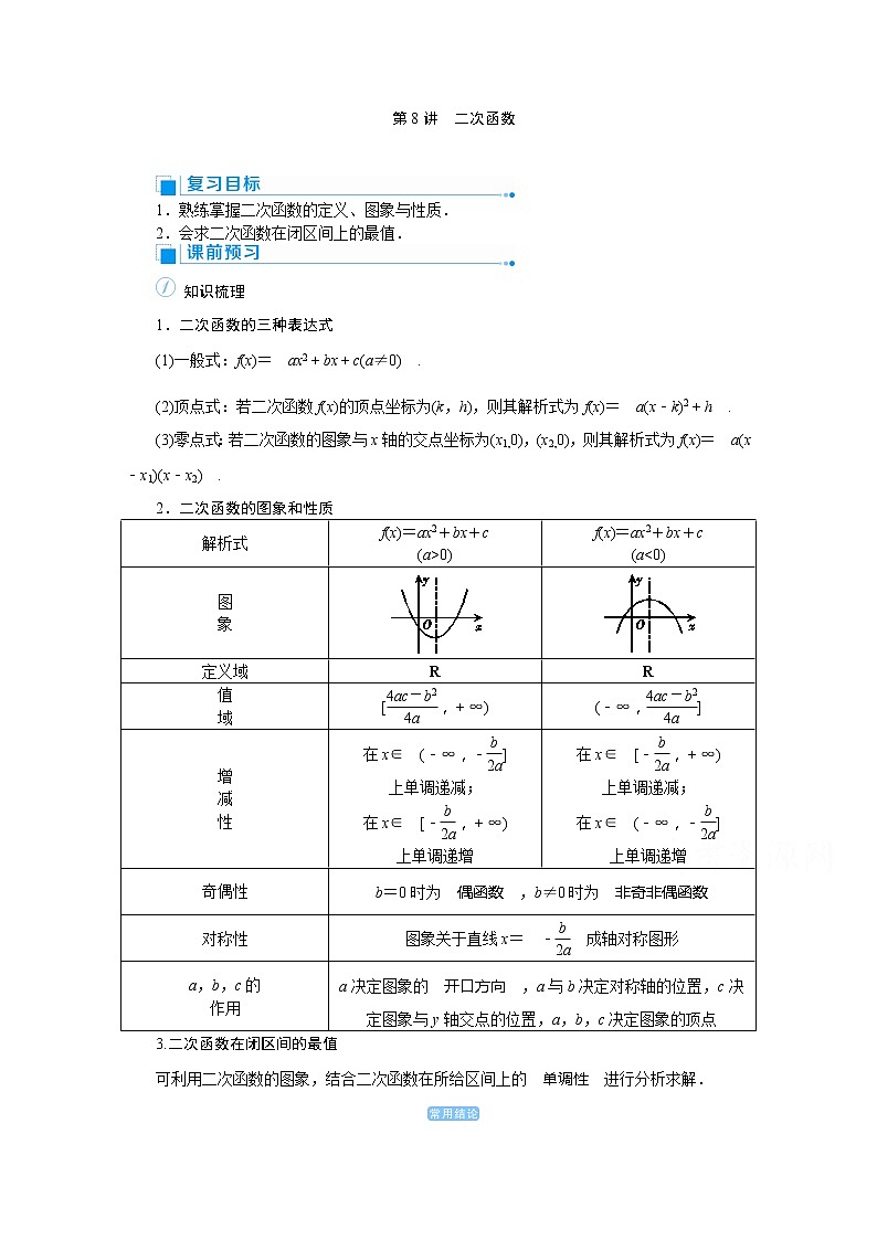 2020高考文科数学（人教版）一轮复习讲义：第8讲　二次函数01