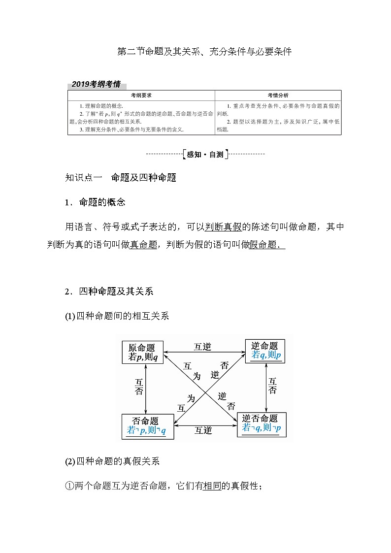 2020高考数学文科大一轮复习导学案：第一章集合及简易逻辑第二节命题及其关系、充分条件与必要条件第1页