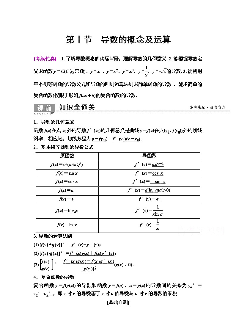 2020版新一线高考理科数学（人教A版）一轮复习教学案：第2章第10节　导数的概念及运算01