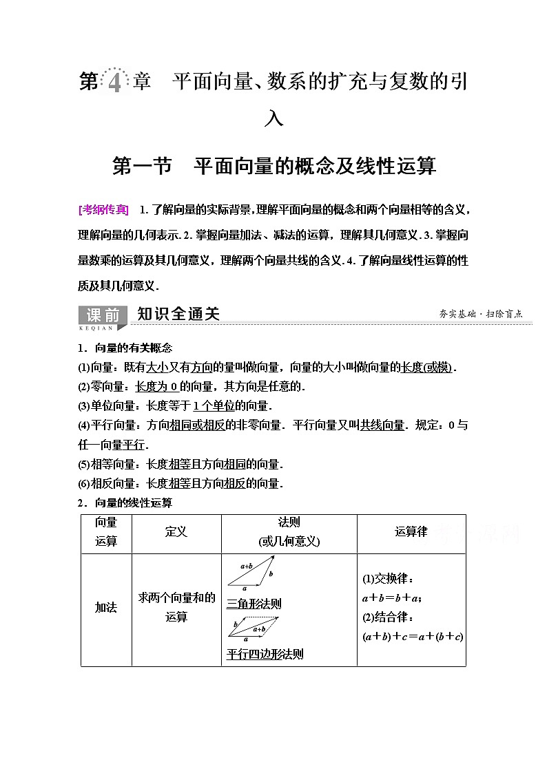 2020版新一线高考理科数学（人教A版）一轮复习教学案：第4章第1节　平面向量的概念及线性运算01