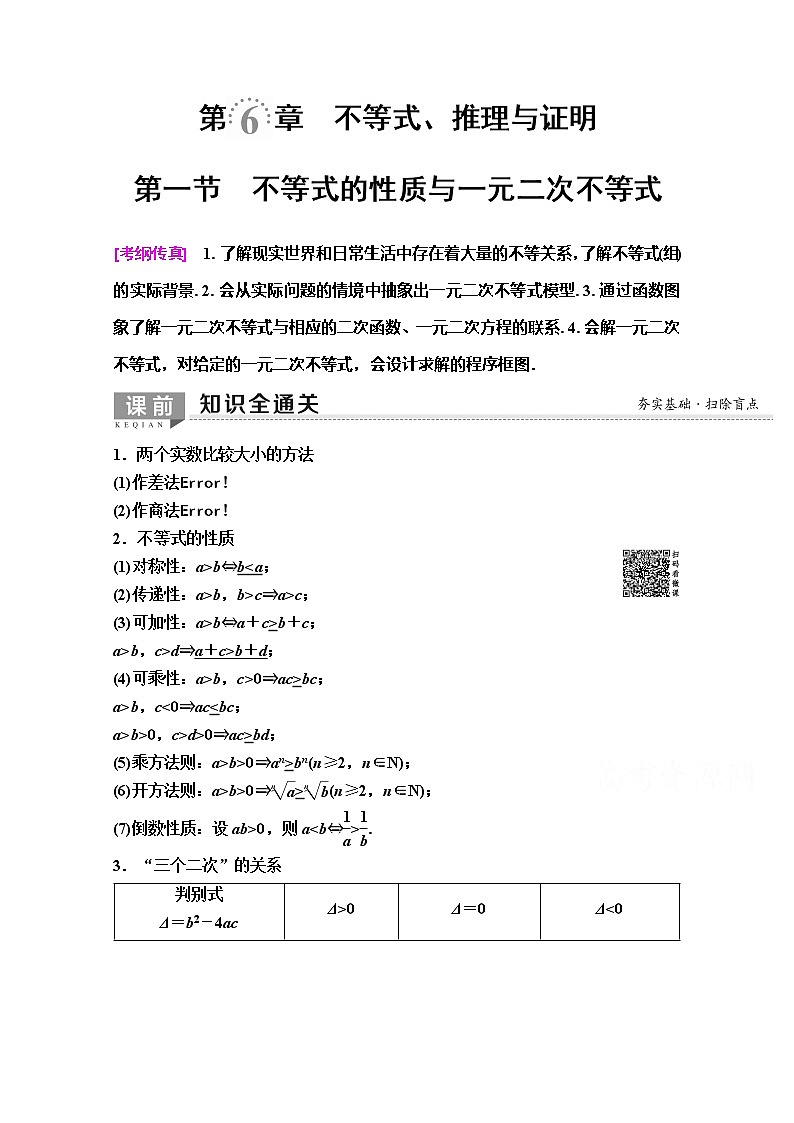 2020版新一线高考理科数学（人教A版）一轮复习教学案：第6章第1节　不等式的性质与一元二次不等式01