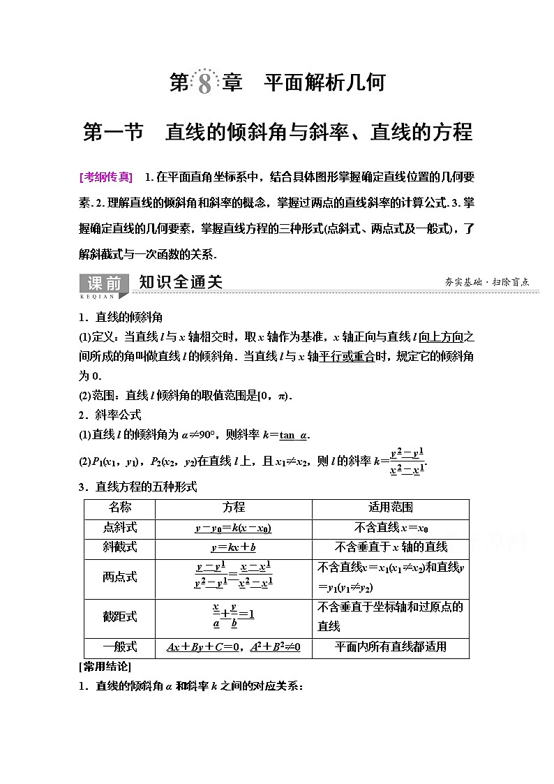2020版新一线高考理科数学（人教A版）一轮复习教学案：第8章第1节　直线的倾斜角与斜率、直线的方程第1页