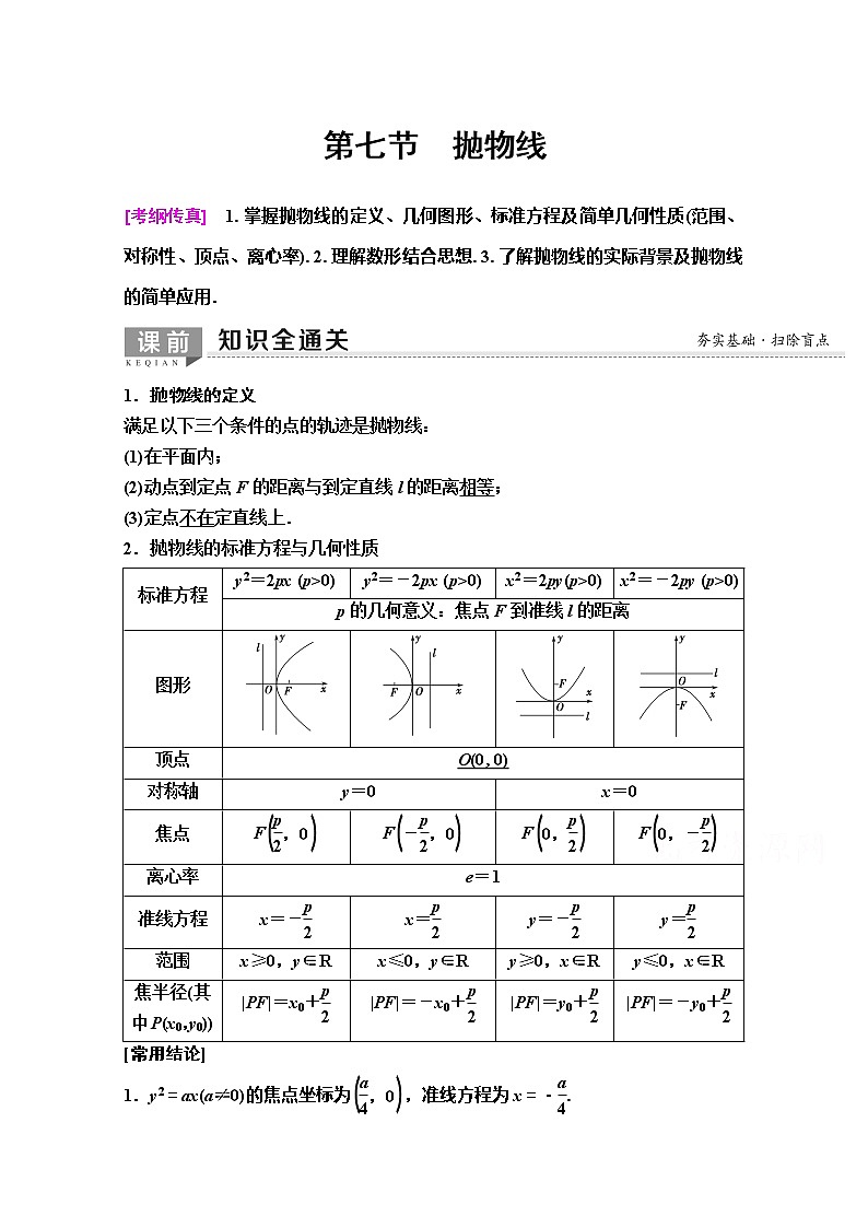 2020版新一线高考理科数学（人教A版）一轮复习教学案：第8章第7节　抛物线01