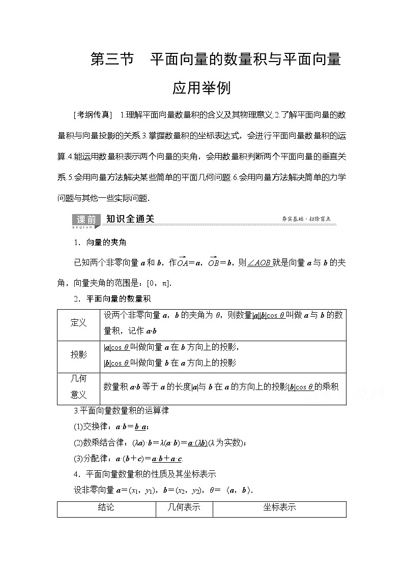 2020版新一线高考理科数学（北师大版）一轮复习教学案：第4章第3节平面向量的数量积与平面向量应用举例01